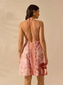 CAJUNI Váy ngắn hở lưng cổ chữ V không tay họa tiết cây cọ nhiệt đới nhiều màu sắc Boho dành cho nữ, váy đi biển mùa hè thường ngày - Nhiều màu - Xem 3