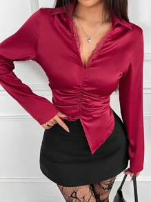 SHEIN Essnce 女士纯色蕾丝拼接长袖休闲上衣 - 紅色 - 查看 5
