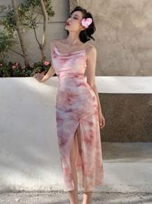 DAZY 女式扎染印花开衩下摆垂坠领无袖中长连衣裙太阳裙