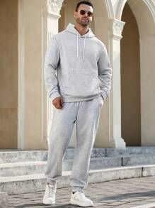 Manfinity Homme Plus Size Men Solid Color Drawstring Hooded Sweatshirt And Sweatpants Set, Casual - Grey - View 3