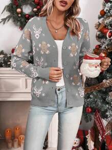 Chiquease Christmas Elk & Snowflake Pattern Button Front Cardigan For New Year Clothes - Grey - View 3
