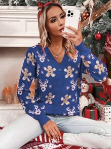 Chiquease Christmas Elk & Snowflake Pattern Button Front Cardigan For New Year Clothes - Royal Blue - View 5