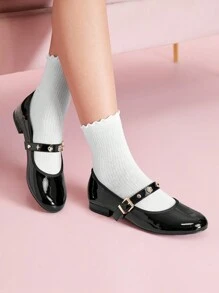 CUCCOO DOLLMOD Women Flat Thick Heel Round Toe Black Mirror Leather Mary Jane Shoes, Cute Retro Minimalist Elegant Fashion Valentine's Day - Black - View 4