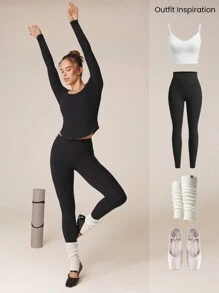 GLOWMODE FeatherFit™ Square Neck Curved Double-Layer Hem Everyday Tee Low Impact Yoga Daily - Black - View 7