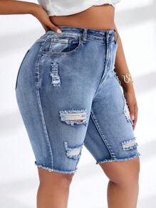 SHEIN SXY Plus Size Women Side Pockets Distressed Denim Knee Length Capri Shorts