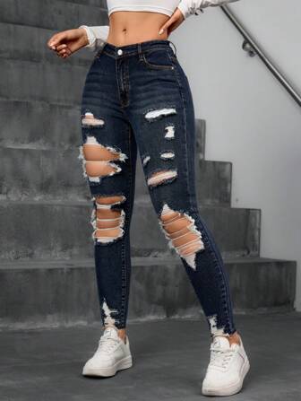 Jeanoix Jeans pitillo de unicolor con bolsillos y bordes deshilachados desgastados