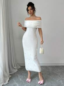 Chiquease New Stylish Off Shoulder Long Dress, Rhinestone Embellished Body-Hugging Knit Sweater Dress - White - View 4