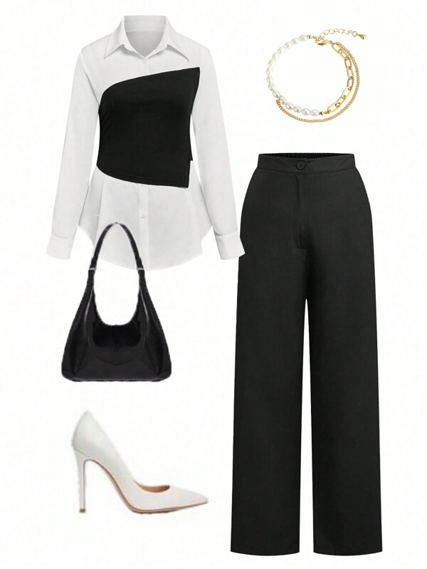 Calvaya 2pcs/Set Plus Size Plain Color Button Detail Long Sleeve Top And Pants Set, Minimalist Style