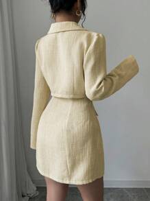 Elenzga 2 件套女士短款粗花呢夹克 + 迷你抹胸连衣裙 - 黃色 - 查看 2