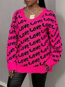 SHEIN CURVE+ Curve Plus Size Basic V-Neck Long Sleeve Heart Pattern Contrast Color Red Sweater, Autumn/Winter Knitted Top New Year's Party And Valentine's Day - Hot Pink - View 6