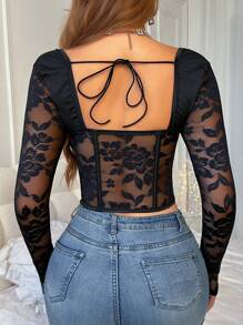 Chiquease Blouse femme à manches longues, patchwork, floral, sexy et en dentelle