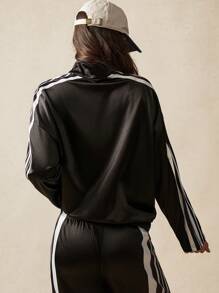 VARSITIE 女士休闲运动户外撞色条纹侧拉链夹克 - 黑色 - 查看 4