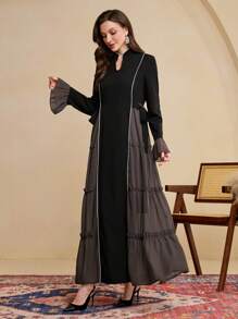 Al Najma Vestido árabe modesto para mujeres con empalme lateral y atar a la cintura, para primavera y verano