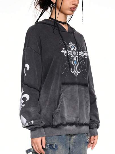 ROMWE Avant Women's Retro Y2K Cross & Lily Flower Embroidery, Rhinestone, Gradual Color Snowflake Print Fabric Hoodie