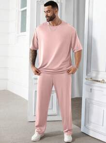Manfinity Homme Plus Size Men's Solid Color Round Neck Short Sleeve Top And Long Pants Set - Pink - View 5