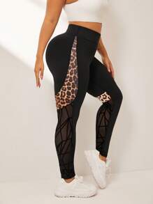 Easithlete Plus Size Leopard Patchwork Asymmetrical Flocked Mesh Splicing Athletic Leggings Pants - Black - View 7