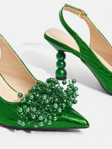 CUCCOO TILAWA Fashionable & Elegant Green Faux Pearl Flower Decor Square Heel High Heels Valentine's Day - Green - View 8