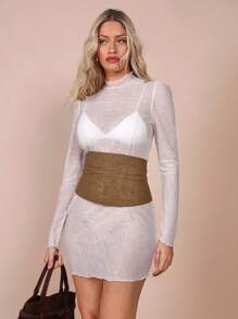 COSMINA Women's Cream Knitted Jacquard Long Sleeve Turtleneck Sweater Dress With Chocolate Brown Waistband, Autumn/Winter