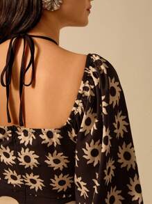 CAJUNI Đầm xanh dài vừa tay bồng, họa tiết Boho cho nữ, hoa nhiệt đới, mặt trời, họa tiết cây dừa, dây buộc rỗng, thường ngày mùa hè, váy đi biển - màu đen - Xem 7