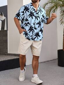 Manfinity RSRT Men's Casual Palm Tree Print Short Sleeve Single Breasted Shirt