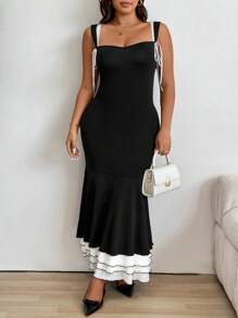 Celure Plus Size Women's Elegant Bodycon Spaghetti Strap Color Block Mermaid Maxi Dress With Bow For Summer