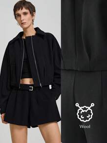 Ontre 2025年春季新款女装，O型设计法式黑色领冬季女士外套，38%羊毛粗花呢面料，O型廓形女式夹克，翻领拉链设计 - 黑色 - 查看 1