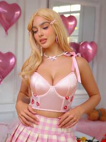 SHEIN Corset-brassière en satin avec nœud, cœur rose et dentelle à lèvres. Top sexy et doux pour les festivals de musique, la Saint-Valentin