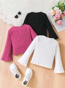 3 Pcs/Set Girls' Elegant Fashionable Solid Color Ruched Long Sleeve Cropped Top & Shorts Suit, Purple/Black/White, For Spring/Autumn - Multicolor - View 2