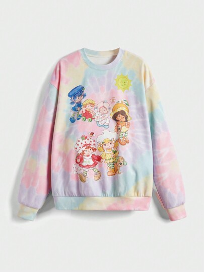 Felpa da donna con stampa di fragole carinamente cartoni animati e Tintura a nodi