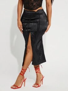 SHEIN SXY 黑色复古中国风织锦缎高开叉修身裙，新年派对/聚会 - 黑色 - 查看 7