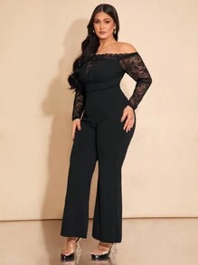 SHEIN BAE Plus Size Women Black Lace Patchwork Jumpsuit, Long Sleeve Flared Pants Suit, Suitable For Autumn/Winter Dates, Christmas, Parties, Nightlife, Valentine's Day
