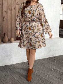 SHEIN LUNE Plus Size Women Vacation Floral Print Round Neck Lantern Sleeve Casual Dress Valentine's Day Dresses Party Dresses Everyday Dresses Resort Wear Women,Club Dress Sundress