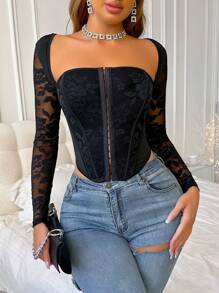 Chiquease Blouse femme à manches longues, patchwork, floral, sexy et en dentelle