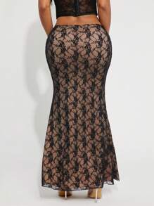 SHEIN SXY 优雅黑/裸色透明蕾丝鱼尾裙，秋冬 - 黑色 - 查看 2