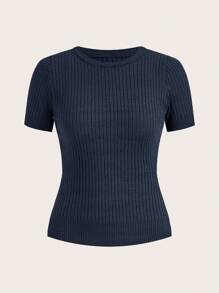 Modelyn 2 件套女士纯色圆领短袖针织上衣和针织混纺迷你裙，秋冬 2 件套 - 藏蓝色 - 查看 5