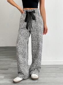 SHEIN Unity Women's Casual Leopard Print Patchwork Satin Bowknot Waist Straight Leg Pants, Suitable For Spring And Autumn Fall Cloth For Women - Black and White - View 4