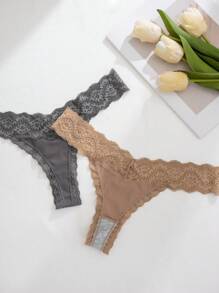Shein Underwear&Sleepwear Basics 3pcs Set Women Lace Splicing Minimalist Thong Lingerie, Sexy