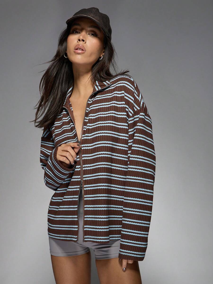 MISSGUIDED 设计师拉链前罗纹针织条纹毛衣夹克舒适宽松轻便半拉链套头衫秋冬休闲外套 - 彩色 - 查看 1