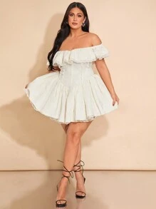 SHEIN BAE Plus Size Women Apricot Off Shoulder Romantic French Dress, Suitable For Dates, Valentine's Day, Parties - Apricot - View 5