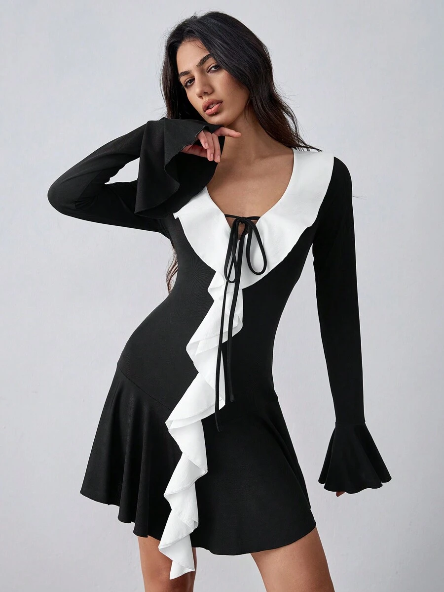 SHEIN Unity Elegant Black And White Mini Dress For Women,Autumn Night ...