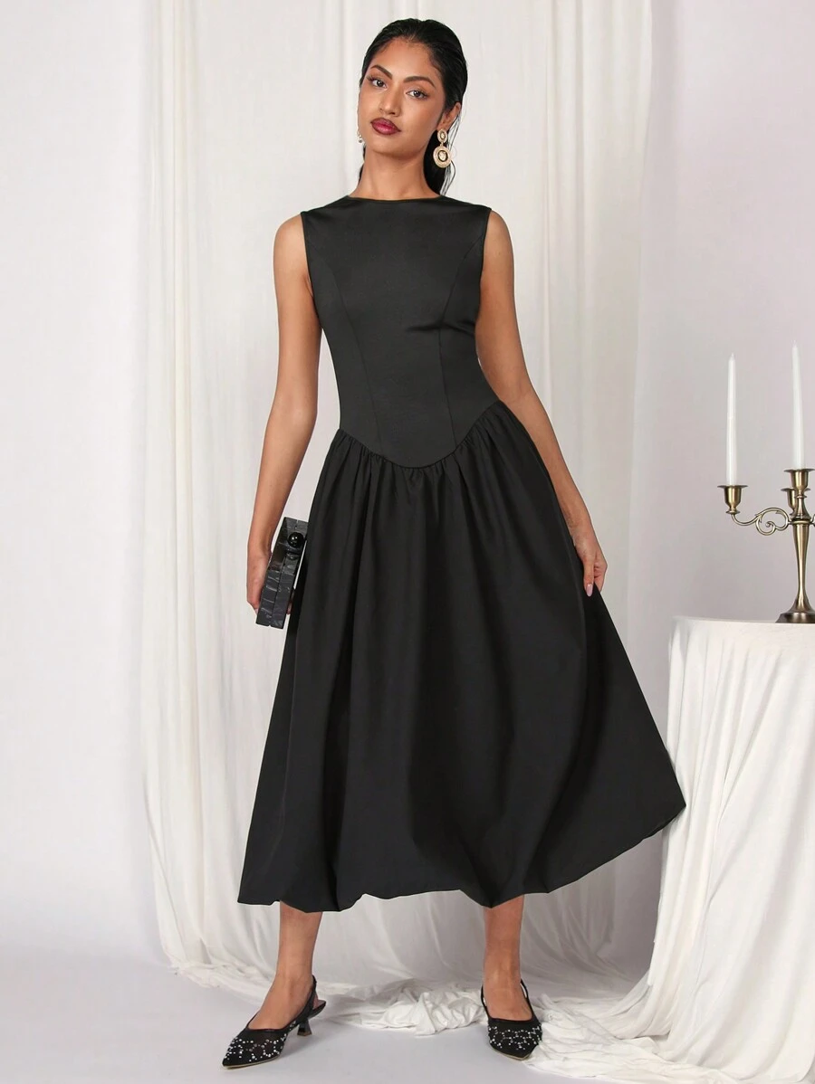 COSMINA Women's Sleeveless Solid Color Pleated Hem Casual Long Dress - Black - View 1