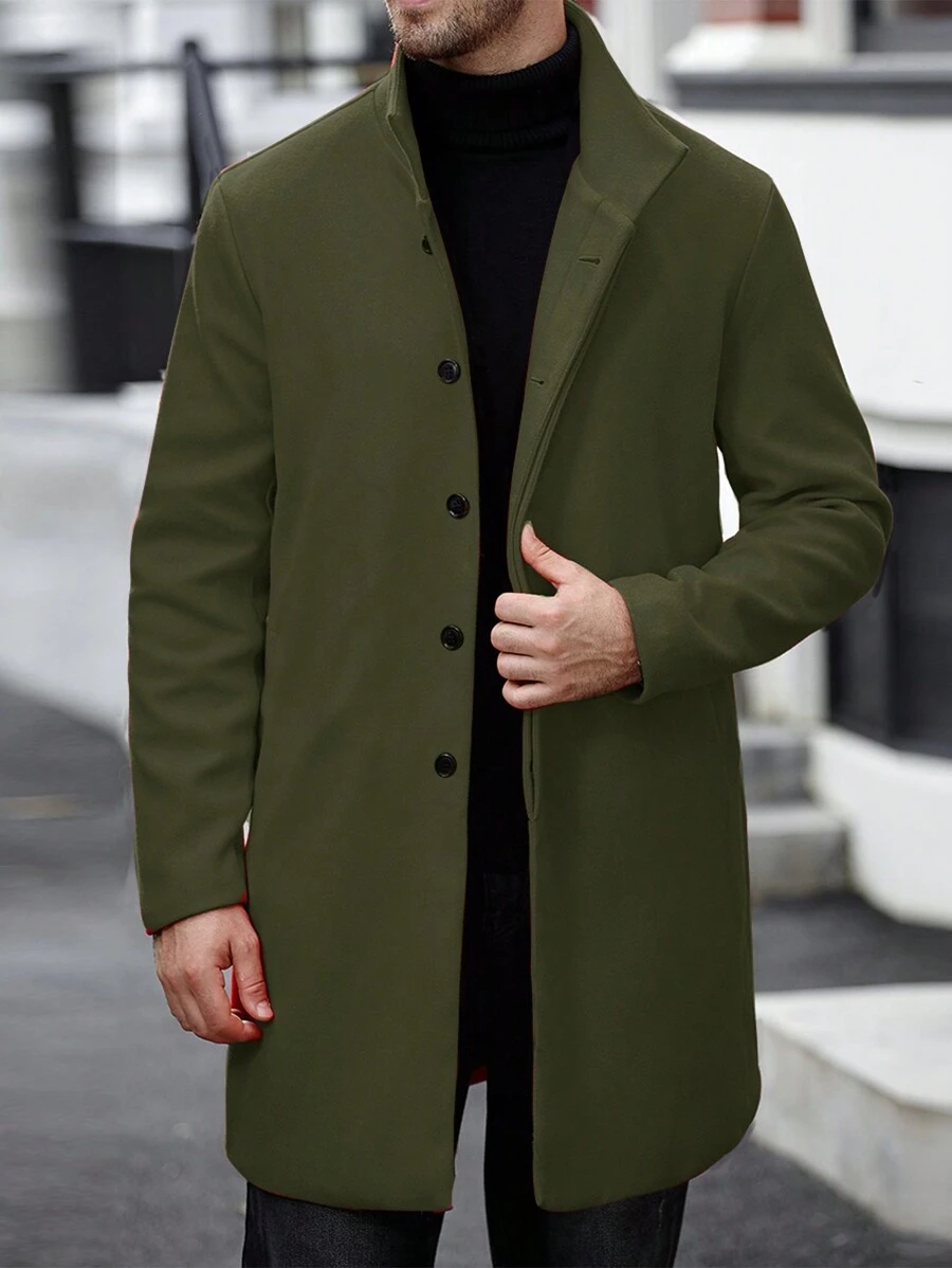Manfinity Homme Men's Casual Solid Color Stand Collar Woolen Overcoat, Autumn, Fall - Army Green - View 1