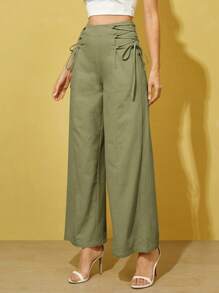 SHEIN Essnce 女士纯色系带休闲宽松阔腿裤，日常穿着 - 軍綠色 - 查看 3