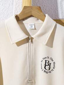 SHEIN Leap Crew 2pcs Tween Boy Casual Solid Color Letter Pattern Short Sleeve Polo Shirt And Elastic Waist Shorts Set, Suitable For Autumn, Spring, Summer, Outdoor Play, School, Street Style, Party And Leisure - Apricot - View 5