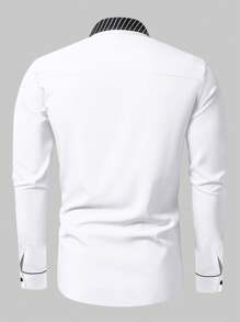 Manfinity Homme 男士休闲条纹拼布长袖衬衫，秋季，长袖衬衫，白色纽扣男士衬衫，男友礼物 - 白色 - 查看 2