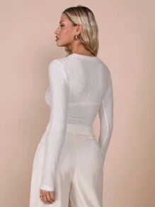 COSMINA Women Solid Color Round Neck Hollow Out Long Sleeve Slim Fit Top, Autumn