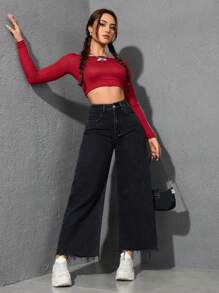 SHEIN PETITE 女士时尚休闲斜插口袋毛边阔腿牛仔裤 - 黑色 - 查看 2