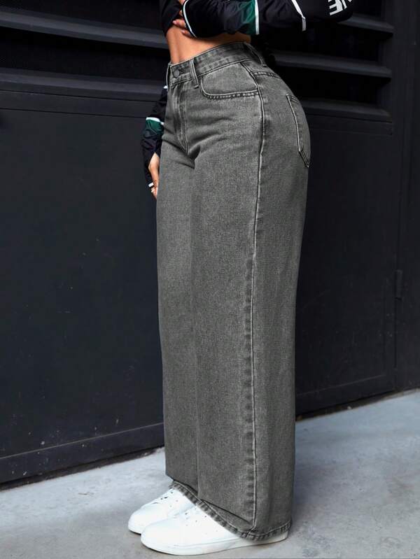 SHEIN PETITE Women's Solid Color Thermal Lined Straight Fit Casual Jeans Thermal Thanksgiving Christmas Women Thickened Denim