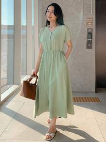 DAZY V-Ausschnitt lässiges, weites Taillen Maxikleid für Damen, Sommerkleid