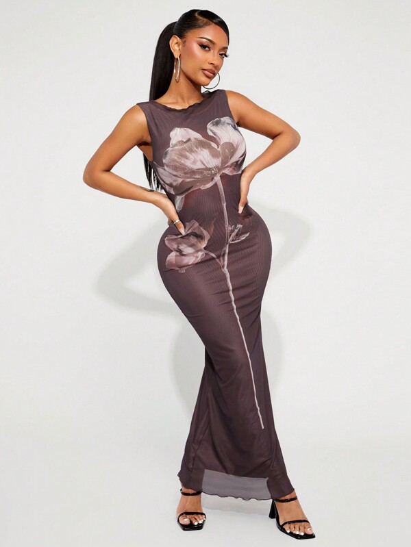 SHEIN SXY Elegant Floral Printed Brown Long Dress With Lining & Mesh, Romantic Style For Valentine's Day